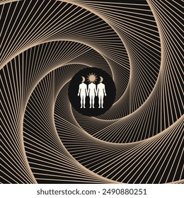 Optical illusion art symbolizing balance and connection between humans and the cosmos using spiraling geometric shapes. Ideal for wellness, meditation, and tranquility themes or inspirational posters.