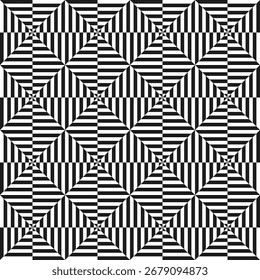Fundo de ilusão ótica. Padrão sem emenda abstrato. Textura geométrica com quadrados pretos e brancos. Ilustração vetorial.