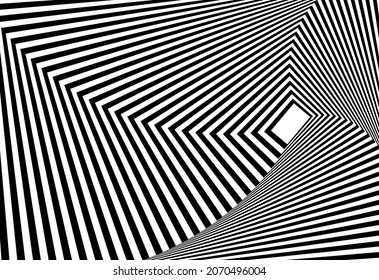 optical illusion background with black and white lines. crooked hallway illusion illustration vector