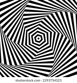 Optical illusion background. Black and white abstract geometric surface. Poster design. Torsion illusion wallpaper. Vector illustration