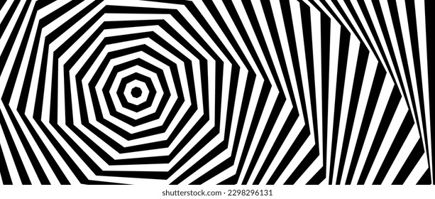 Optical illusion background. Black and white abstract geometric spiral surface. Poster design. Torsion illusion wallpaper. Vector illustration