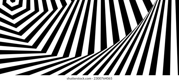 Optical illusion background. Black and white abstract geometric spiral surface. Poster design. Torsion illusion wallpaper. Vector illustration
