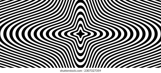 Fondo de ilusión óptica. Superficie de líneas concéntricas distorsionadas en blanco y negro. Diseño de afiches. Papel tapiz de la ilusión de la espiral de torsión radial. Ilustración de vectores