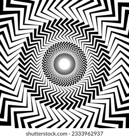 Optical illusion background. Black and white abstract distorted zigzag lines surface. Radial jagged poster design. Hypnotic spiral illusion wallpaper. Vector illustration