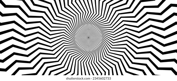 Optical illusion background. Black and white abstract zigzag lines surface. Radial sunburst poster design. Hypnotic illusion wallpaper. Vector horizontal ornamental illustration