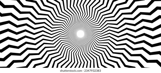 Optical illusion background. Black and white zigzag lines surface. Radial abstract sunburst poster design. Hypnotic illusion wallpaper. Vector horizontal ornamental illustration