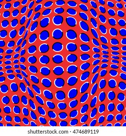 Optical Illusion Background. Blue Circles Are Moving On Red Background. Polka Dot background. Vector illustration.
