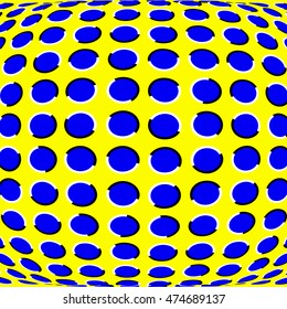 Optical Illusion Background. Blue Circles Are Moving On Yellow Background. Polka Dot background. Vector illustration.
