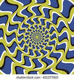 Optical illusion background. Blue hooks revolves circularly from the center on green background.