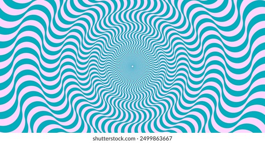 Optical illusion background. Blue and pink abstract distorted wavy lines surface. Radial waves poster design. Trippy sunburst illusion wallpaper. Vector spinning hypnotic illustration