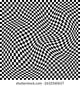 Fondo de ilusión óptica con patrón a cuadros distorsionado. Abstractas tablero de damas deformado en blanco y negro, efecto ondulado psicodélico retorcido. Ilustración vectorial. EPS 10