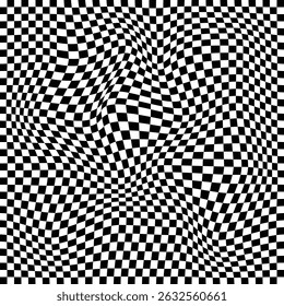 Optical illusion background with distorted checkered pattern. Abstract black and white warped checker board, swirling twisted psychedelic wavy effect. Vector illustration. EPS 10