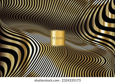 Fondo de ilusión óptica. Plantilla dorada y negra con rayas onduladas. Patrón distorsionado de oro, afiche psicodélico, volante de lujo, ilustración de folleto.