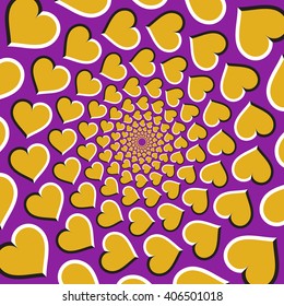 Optical illusion background. Golden hearts are moving circularly from the center on purple background. Golden hearts background.