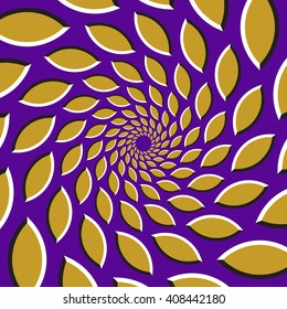 Optical illusion background. Golden pointed ellipses are moving circularly from the center on purple background. Golden hearts background.