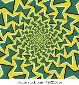 Optical illusion background. Green bows revolves circularly from the center on yellow background.