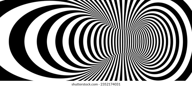 Optical illusion background. Hypnotic spinning lines. Black and white tunnel wallpaper. Psychedelic twisted stripes pattern. Rotating spiral knot template for poster, banner, cover. Vector