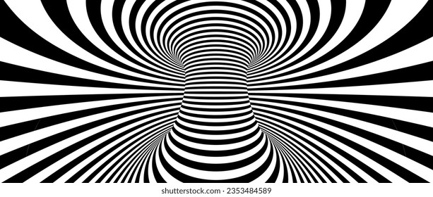 Optical illusion background. Hypnotic spinning lines. Black and white tunnel wallpaper. Psychedelic twisted stripes pattern. Rotating spiral knot template for poster, banner, cover, flyer. Vector
