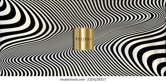 Optical illusion background. Modern black and white banners with wavy stripes. Distorted pattern, psychedelic poster, flyer, brochure illustration.