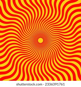 Fondo de ilusión óptica. Superficie de líneas onduladas distorsionadas en tonos naranja y rojo. Diseño de afiches de ondas radiales. Papel tapiz de la ilusión espiral de torsión. Ilustración del vector