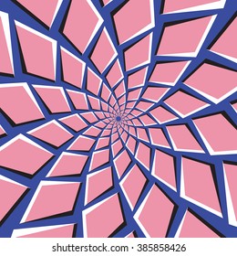 Optical illusion background. Pink quadrangles are moving around the center on blue background. Abstract background in form of rotating concentric web.