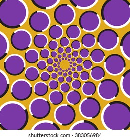 Optical illusion background. Purple circles are moving circularly toward the center on golden background. Polka dot background.