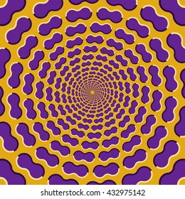 Optical illusion background. Purple clouds fly apart circularly from the center on yellow background.