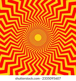 Optical illusion background. Red and orange abstract distorted zigzag lines surface. Radial wave poster design. Hypnotic illusion wallpaper. Vector illustration