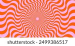 Optical illusion background. Red and pink abstract distorted wavy lines surface. Radial waves poster design. Trippy sunburst illusion wallpaper. Vector spinning hypnotic illustration