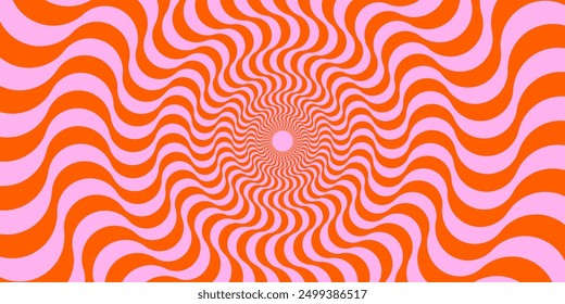 Optical illusion background. Red and pink abstract distorted wavy lines surface. Radial waves poster design. Trippy sunburst illusion wallpaper. Vector spinning hypnotic illustration