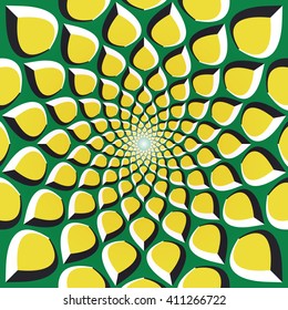 Optical illusion background. Yellow petals are moving circularly from the center on green background. Yellow green motion background.