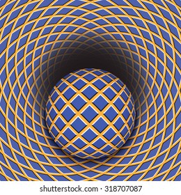 Optical illusion of the ball is rolling into a hole. Abstract background.