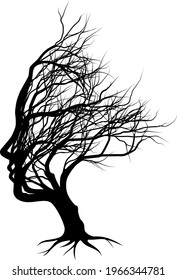 Optical illusion bare tree face woman silhouette concept