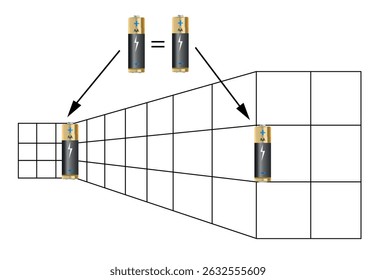 Ilusão óptica. Baterias do mesmo tamanho. Ilustração vetorial