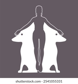 Optical illusion with beautiful young woman and two dogs silhouettes