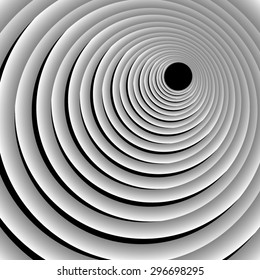 Optical illusion. Black small circle, created a variety of interwoven bundles of bright white on a black background.