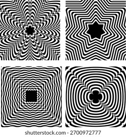 Ilusión óptica blanco y negro Formas psicodélicas colección conjunto de 4 diseños. Para fondos de Web, anuncios, texturas y Anuncios. 