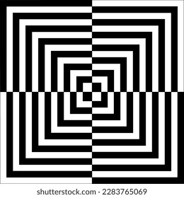 Ilusión óptica con cuadrados negros y blancos. Patrón de formas cuadrangulares con efecto de ilusión hipnosis. Textura dinámica. Ilustración gráfica vectorial.