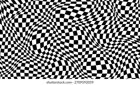 Ilusión óptica de diseño ondulado en blanco y negro. Fondo Abstractas para el Anuncio. Efecto deformado Patrón distorsionado Y2k. Estampado psicodélico a cuadros. Ilustración vectorial