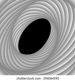 Optical illusion. Bright round frame volume, rotated sideways, consisting of an open helix of bright monochrome white ribbons.