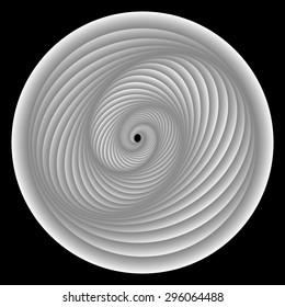 Optical illusion. Bright white circle within which intertwined gray-white stripes in a spiral stretching into the distance.