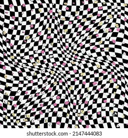 Optical illusion check print cute flowers on it fluid chess board floral pattern design art illustration