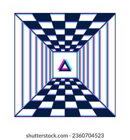 La ilusión óptica marca la habitación 3d. Fondo de cuadrícula Psicodélico vacío. Diseño minimalista. Perspectiva geométrica retro futurista. Baldosas de ajedrez de moda y2k. Plantilla de vector Trippy
