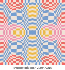 Optical illusion checkered abstract seamless pattern. Colorful background, chess board tiles with psychedelic spherical volume, geometric checker op art. Vector simple flat illustration.