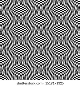 Optical illusion checkered vector abstract seamless background, black and white pattern, chess board tiles with psychedelic spherical volume, geometric checker op art.