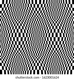 Optical illusion checkered vector abstract seamless background, black and white pattern, chess board tiles with psychedelic spherical volume, geometric checker op art.