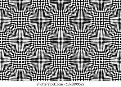 Optical Illusion Checkered Vector Abstract Seamless Background, Black And White Pattern, Chess Board Tiles With Psychedelic Spherical Volume, Geometric Checker Op Art.