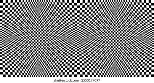 Optical illusion checkered vector abstract seamless background, black and white pattern, chess board tiles with psychedelic spherical volume, geometric checker op art.