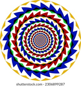 Optical illusion circle with colorful tribal ornament. Round pattern for trippy background design.