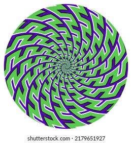 Optical illusion circle of moving colorful spiral pattern. Round template for motion background design.